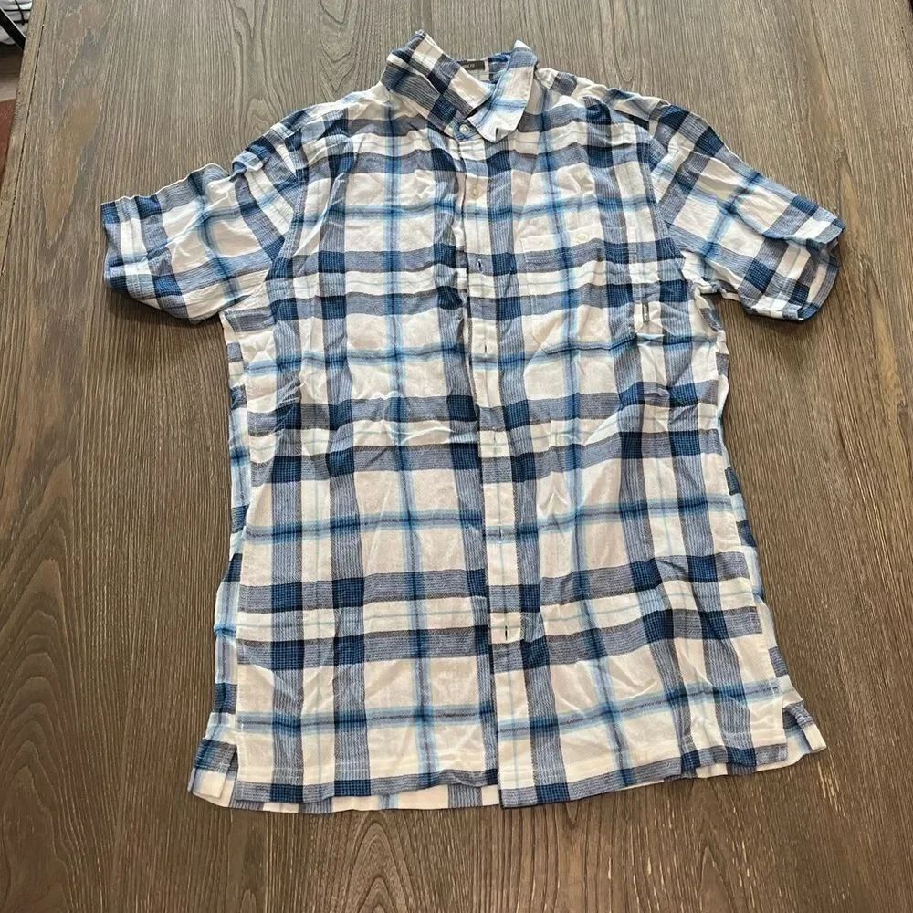 NWOT Eddie Bauer Classic Fit Woven White Blue Plaid Button Front Shirt Size M